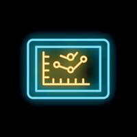 Neon icon of tablet showing growing chart with points connected by lines, business concept vector