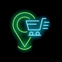 Neon shopping cart moving towards location pin on black background vector