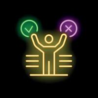 Businessman making decision choosing between right and wrong options neon sign vector