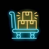 Neon icon of a push cart carrying cardboard boxes representing logistics and delivery vector