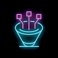 Neon icon of data being processed, funnel transforming information flow vector