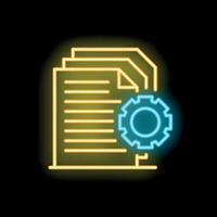 Neon icon of documents being processed with gear representing workflow vector