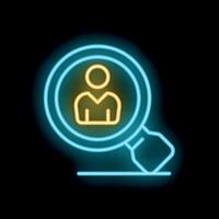 Neon icon of magnifying glass focusing on person for recruitment concept vector