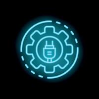 Neon icon of electric plug inside gear setting representing energy management vector