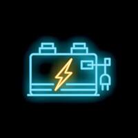 Neon accumulator battery icon glowing on dark background vector