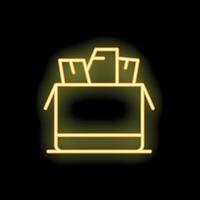 Neon yellow open box full of files icon on black background vector