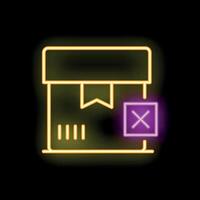 Neon sign of closed cardboard box with warning sign on black background vector