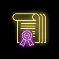 Neon icon of official documents with stamp and ribbon glowing on dark background vector