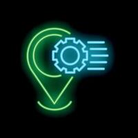 Neon green location pin featuring a blue gear sending a signal vector