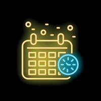 Neon calendar icon glowing on dark background representing time management vector