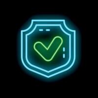 Neon shield displaying green check mark symbolising security vector
