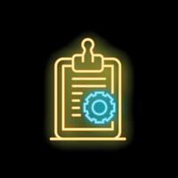 Neon icon of clipboard with gear representing project management vector