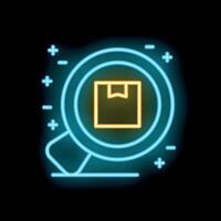 Neon magnifying glass zooming in on cardboard box symbol for delivery tracking vector