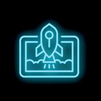 Neon rocket launching from tablet screen symbolising online business startup vector