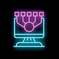 Neon computer icon showing network hub with connected devices vector