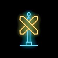 Glowing neon railroad crossing sign on black background vector