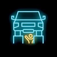 Neon glowing icon of a mechanic repairing a car lifted on a platform vector