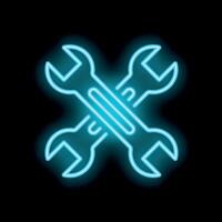 Crossed wrenches forming a mechanical neon sign on black background vector