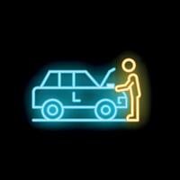 Young driver looking at engine of broken car neon sign vector