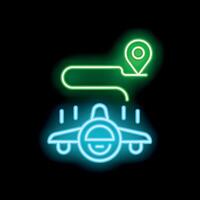 Neon icon of airplane landing following flight path vector