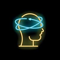Neon sign representing a mind thinking with arrows surrounding it vector