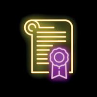 Neon yellow diploma certificate icon glowing on dark background vector