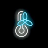 Neon icon of thermometer showing increasing temperature with fan trying to cool down vector