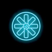 Glowing neon icon of car wheel with eight spokes on black background vector