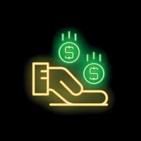 Neon icon of hand receiving money falling from above vector