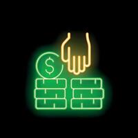 Hand putting coin in stack of money neon sign on black background vector