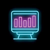 Neon icon of a computer screen showing a growing bar chart vector