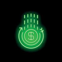 Neon green money cashback cycle with falling coins and airplane icon vector