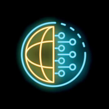 Neon sign showing a planet earth globe transforming into digital data points vector