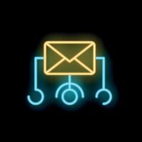 Neon icon of email marketing showing envelope connected to three circles on black background vector