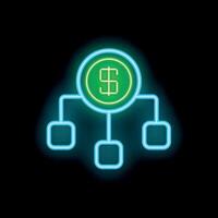 Neon green dollar coin connected to three blank boxes on black background vector