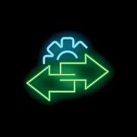 Neon icon of two arrows pointing in opposite directions with gear above symbolizing workflow automation vector