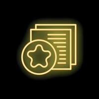 Neon icon of document with star representing quality assurance vector