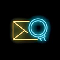 Neon icon of magnifying glass investigating email message vector