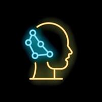 Neon style icon showing human head with connected dots representing neural network inside vector