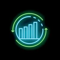 Neon sign showing growing bar chart inside rotating arrows on black background vector