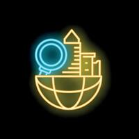 Neon icon of magnifying glass examining global construction projects vector