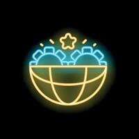 Neon icon of gears rotating around a shining star over the earth vector