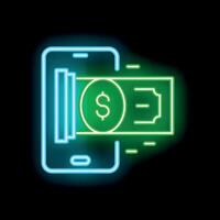 Neon sign representing mobile payment with smartphone and banknotes vector