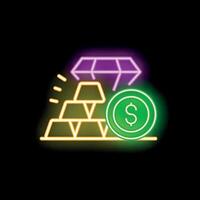 Neon sign representing value with gold bars diamond and dollar coin vector