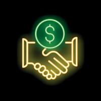 Neon style icon showing two hands shaking with dollar sign above vector