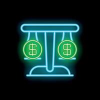 Glowing neon line scales of justice with dollar symbol icon isolated on black background vector