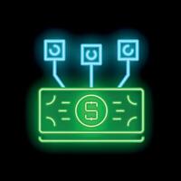 Neon green money bill being mined by cryptocurrency mining rigs vector
