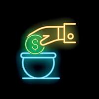 Neon icon of hand putting coin in donation box vector