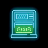 Neon atm machine dispensing cash on dark background vector