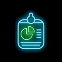 Neon icon of clipboard showing pie chart and business analytics data vector